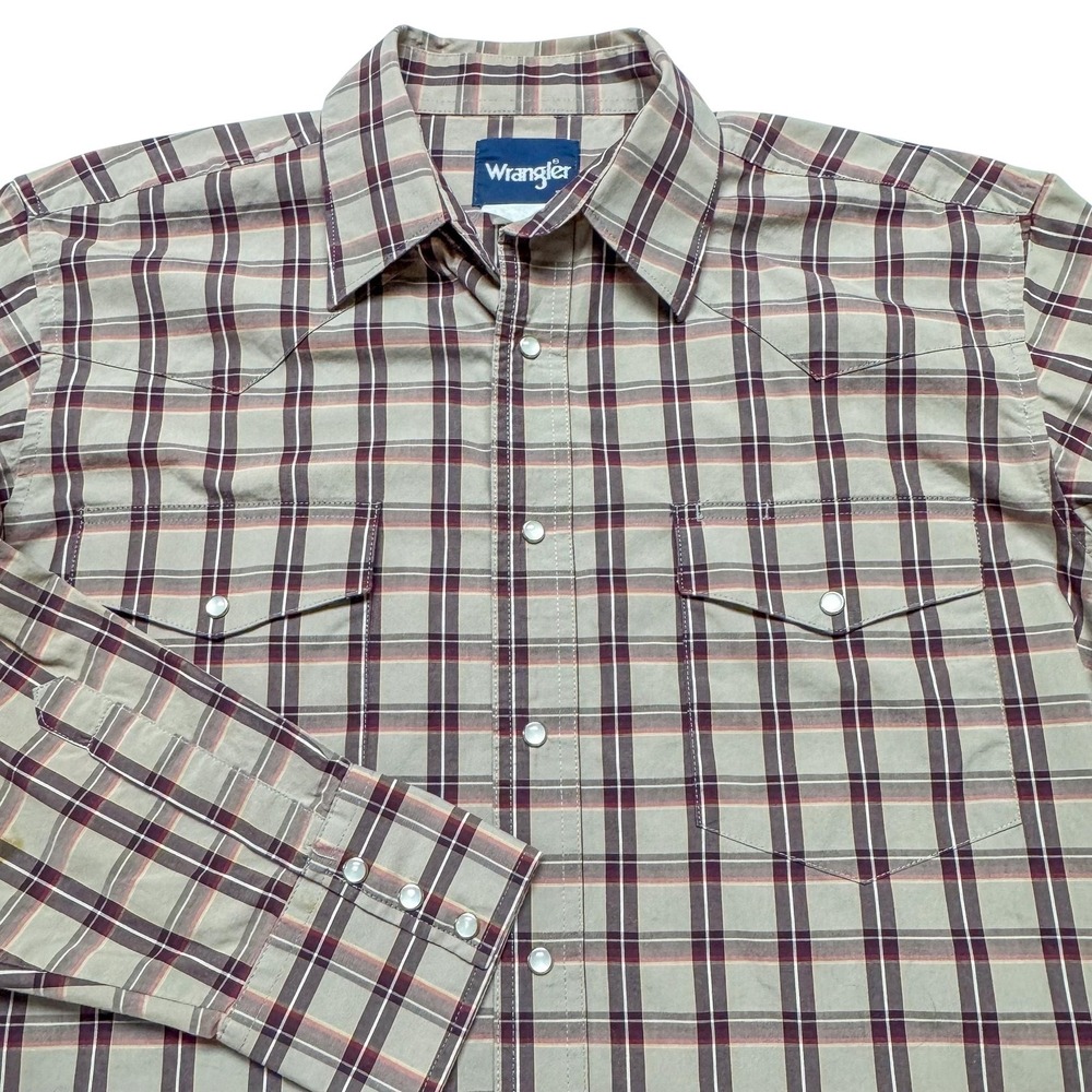 Wrangler Shirt Mens Large Beige Plaid Western Pearl‎ Snap Long Sleeve Cowboy